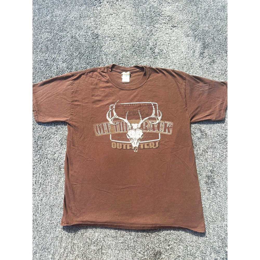 Vintage Off The Rack Outfitters Hunting T Shirt Large Deer Skull Antlers Brown